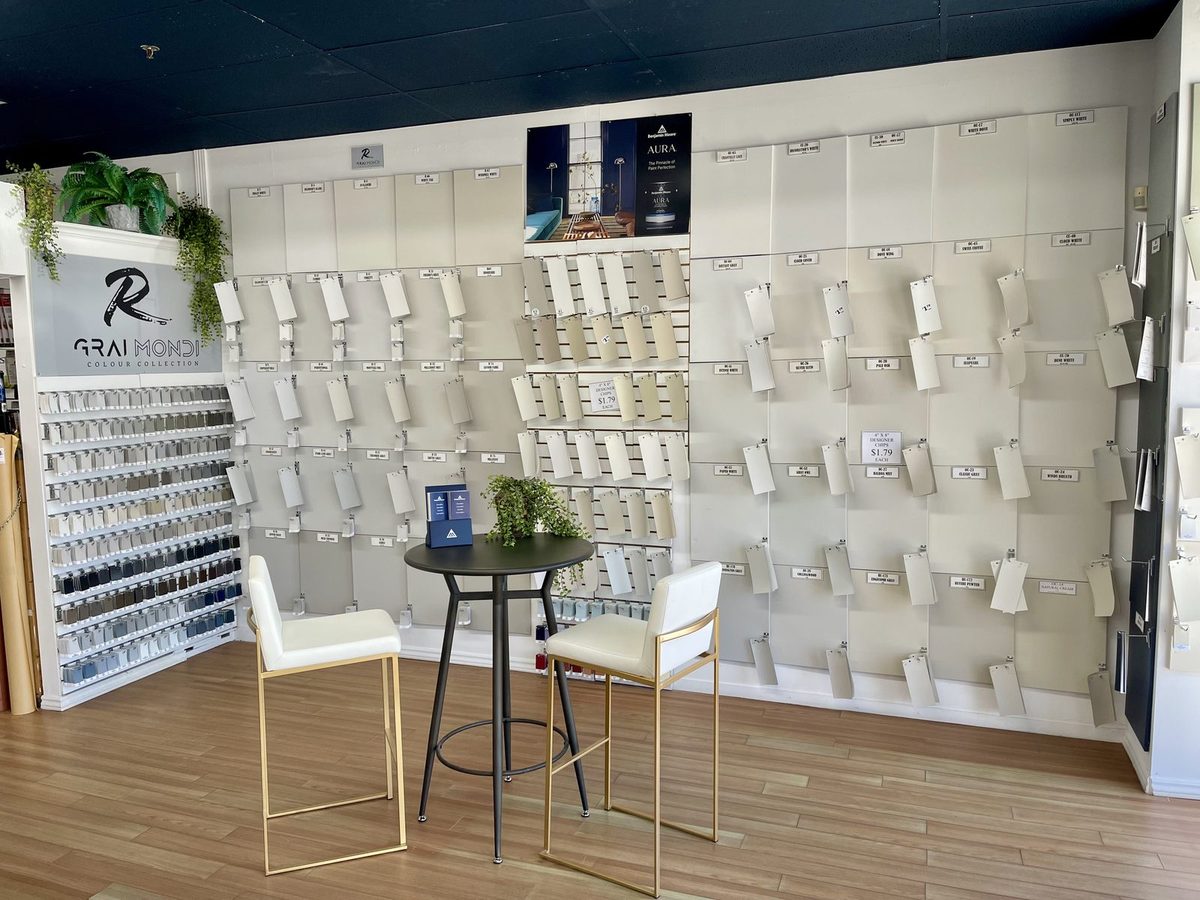 The Graimondi Colour Collection display wall at Colour Land Paint in Burlington, Ontario